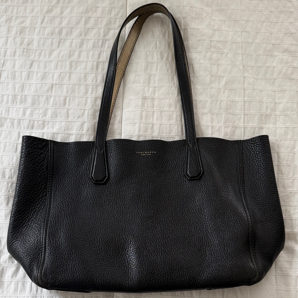 Tory Burch Black Pebbled Leather Shoulder Tote with Gold Logo